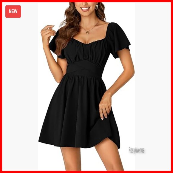 Dresses & Skirts - Mini Dress with Tie Back Square Neck Ruffle Hem Short Sleeve Flowy
